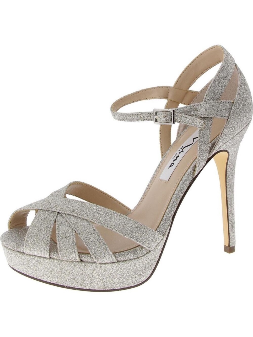 NWT ⛱️Nina - Silver Samara Glitter Platform Stiletto Sandals - 9